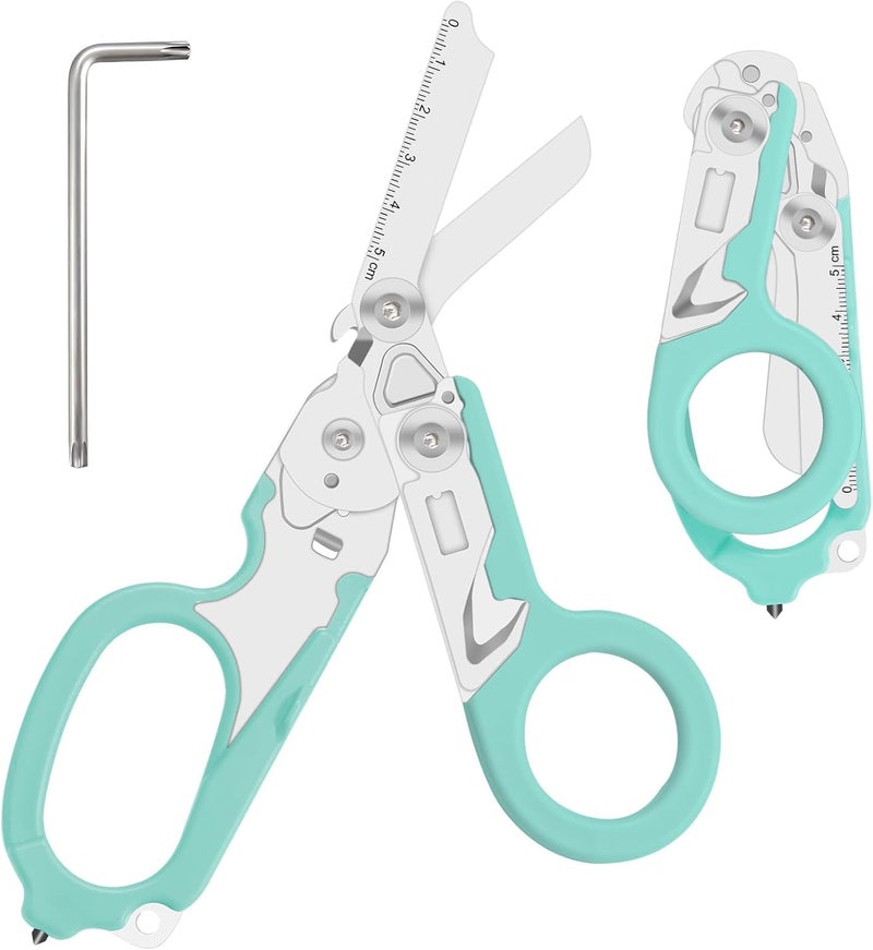 Lemasa 6-in-1 heavy-duty/trauma shears, Folding Retractable Emergency Shears, Outdoor Camping Tools, Seat Belt Cutter, Oxygen Cylinder Wrench, Complimentary Adjustable Wrench (Aqua blue) - Image 1